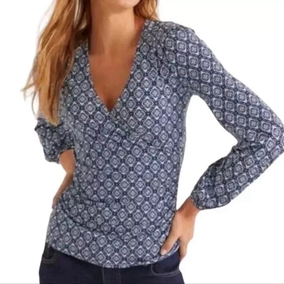 Boden ‘Elodie’ Long Sleeve Wrap Top Geometric Pattern Ruched Women’s Size 12 - Picture 2 of 10